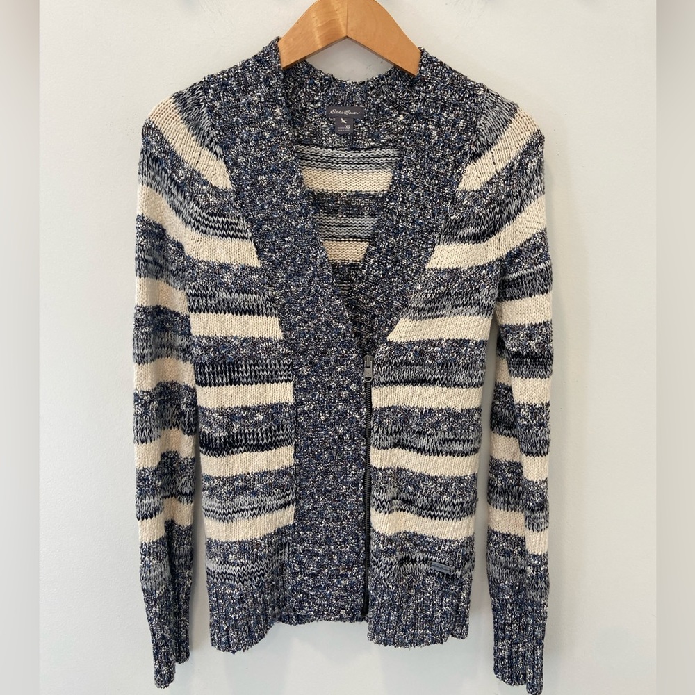 Eddie Bauer | Tan Navy Zip Up Cardigan Sweater Womens Extra Small